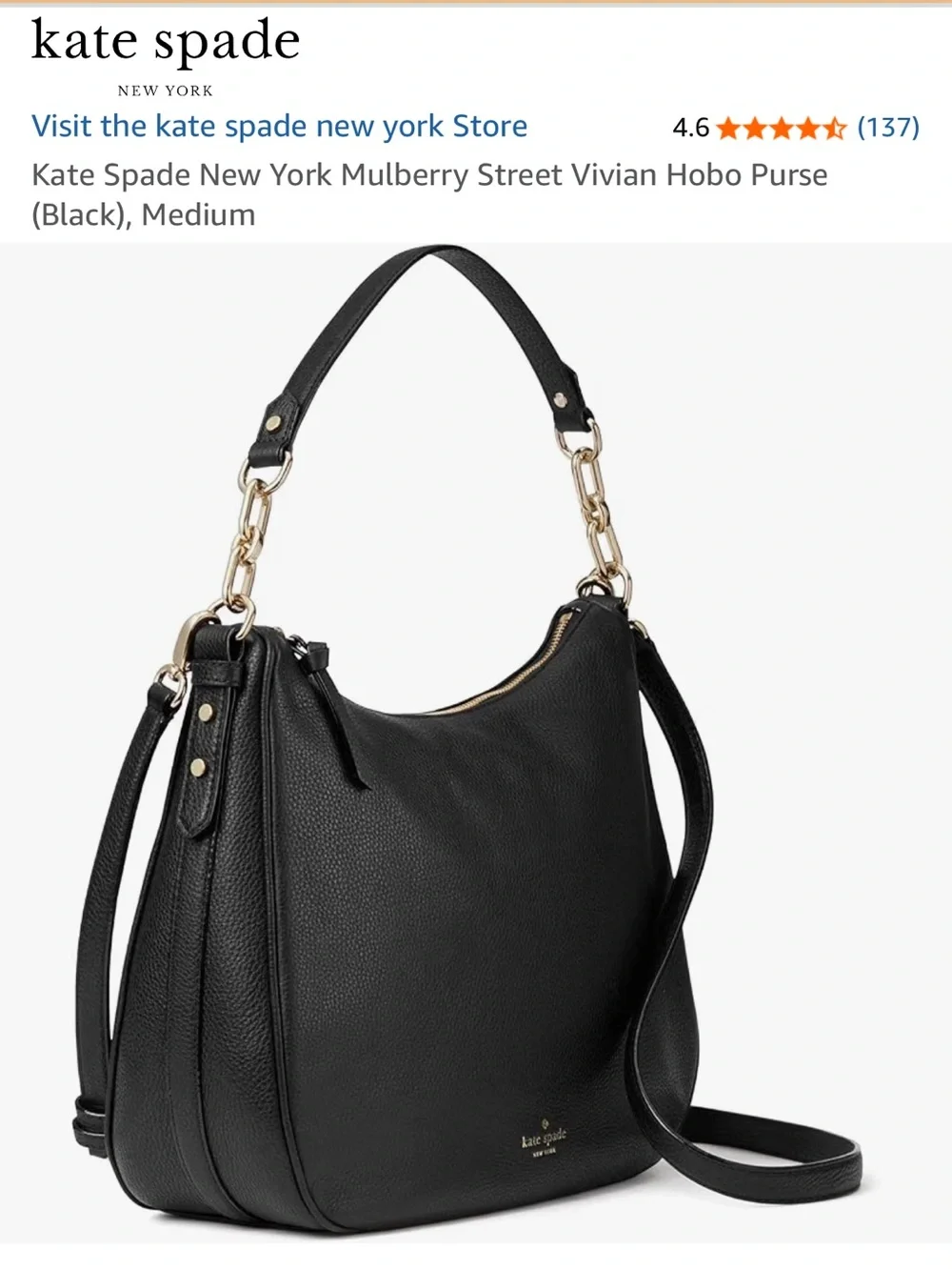 kate spade mulberry street Vivian Hobo Black,  Pebbled Leather, Medium
